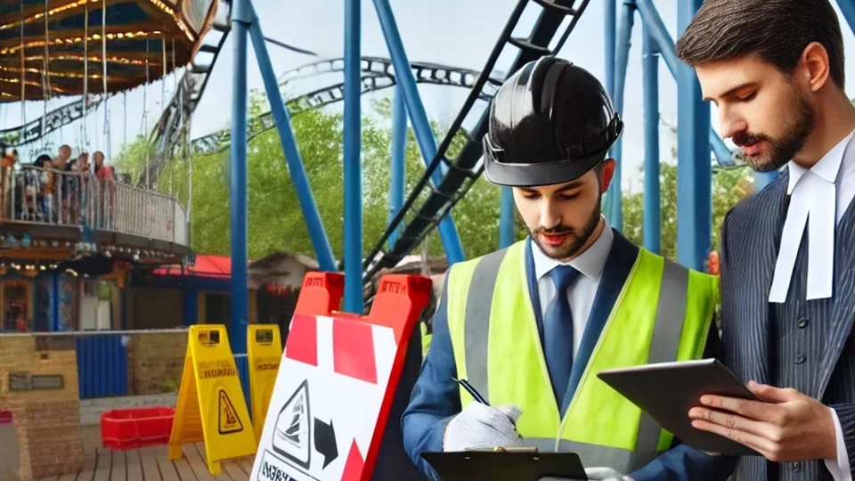 Legal site inspection at an amusement park, capturing ride conditions, safety measures, and potential hazards for legal documentation